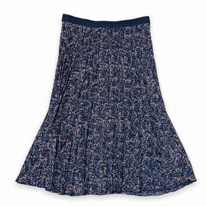 NWT Max Studio Midi Pleated Skirt Floral Print Navy Elastic Waist Women’s Size L
